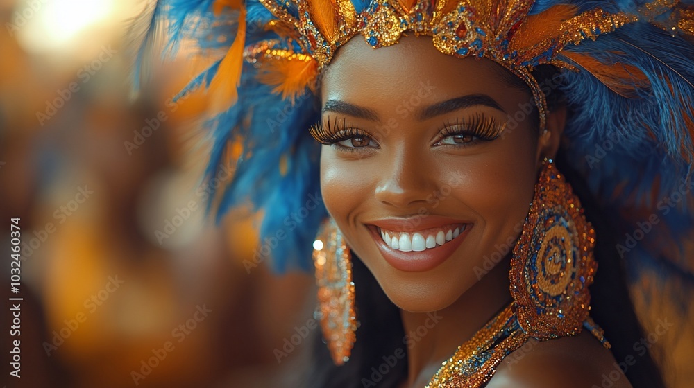 Fototapeta premium A young woman in a vibrant Carnival costume smiles at the camera.