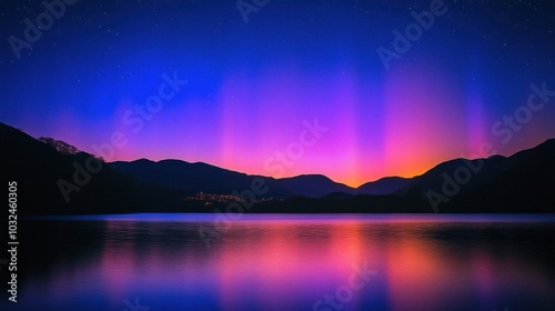 A serene lake at twilight reflecting a stunning aurora borealis with vivid hues of purple and pink stretching above silhouetted mountains under starry skies.