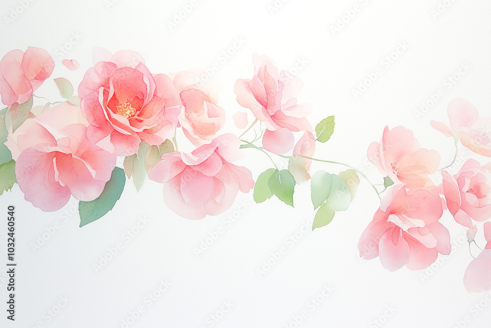 A delicate watercolor illustration of pink roses and leaves, gracefully arranged on a soft white background. The flowers vary in shades of pink, creating a gentle and romantic atmosphere. A delicate watercolor illustration of pink roses and leaves, gracefully arranged on a soft white background. The flowers vary in shades of pink, creating a gentle and romantic atmosphere.