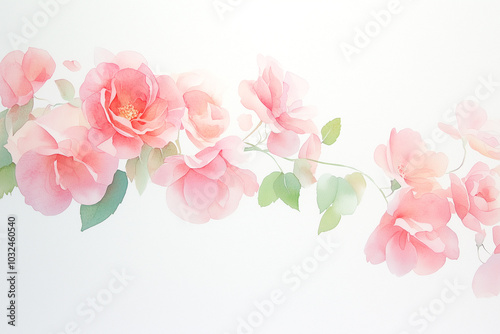 A delicate watercolor illustration of pink roses and leaves, gracefully arranged on a soft white background. The flowers vary in shades of pink, creating a gentle and romantic atmosphere.
