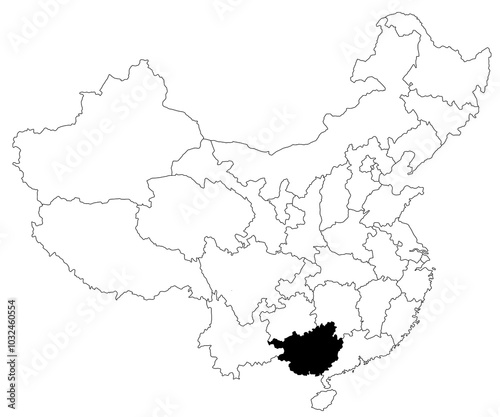 Map of Guangxi autonomous region in China country on white background. single province map highlighted by black colour on China map. East Asia, CN, people's republic of China, PRC