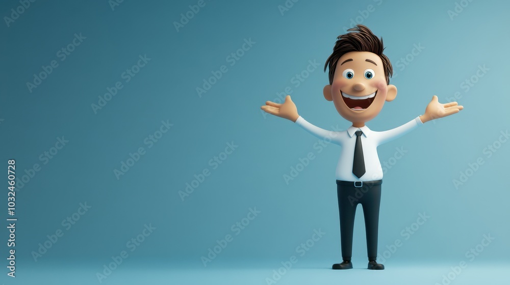 A lively cartoon character confidently presents an idea with excitement, standing against a soft blue background, perfect for business presentations A lively cartoon character confidently presents an idea with excitement, standing against a soft blue background, perfect for business presentations