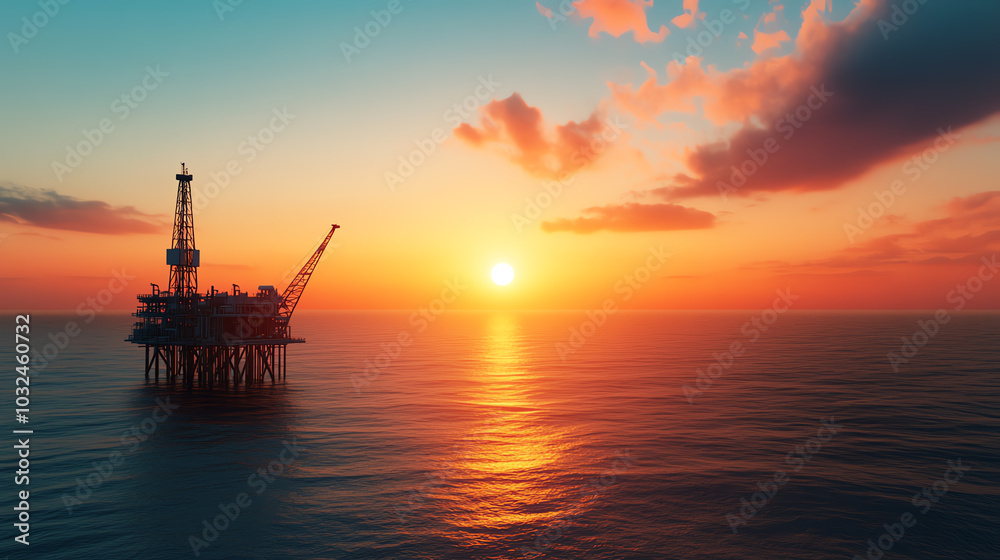 A stunning offshore oil rig silhouetted against a vibrant sunset, casting reflections on calm waters, representing energy production and technology. A stunning offshore oil rig silhouetted against a vibrant sunset, casting reflections on calm waters, representing energy production and technology.