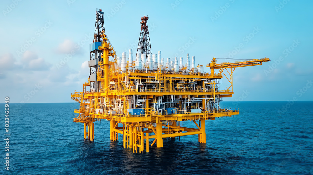 A vibrant offshore oil rig stands tall against the azure sea, showcasing engineering prowess and energy production in a stunning maritime environment. A vibrant offshore oil rig stands tall against the azure sea, showcasing engineering prowess and energy production in a stunning maritime environment.