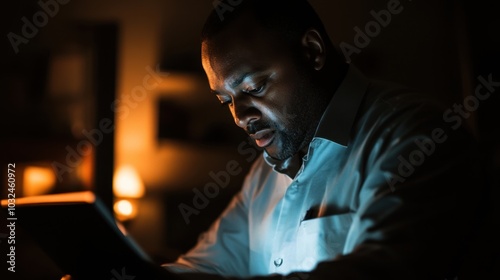 A man intensely examines a document in a dim room, embodying focus and dedication to work, even after hours.