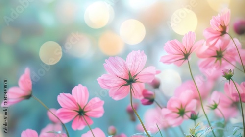 A serene scene of pink flowers blooming softly against a blurred background.