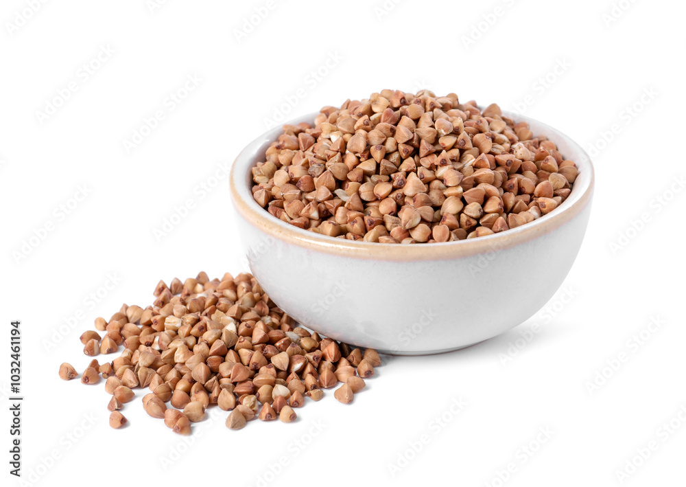 Raw buckwheat in bowl isolated on white