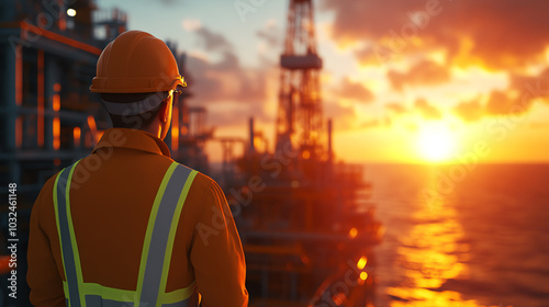 A worker in safety gear watches a stunning sunset from an oil rig, symbolizing hard work and dedication in the energy sector.