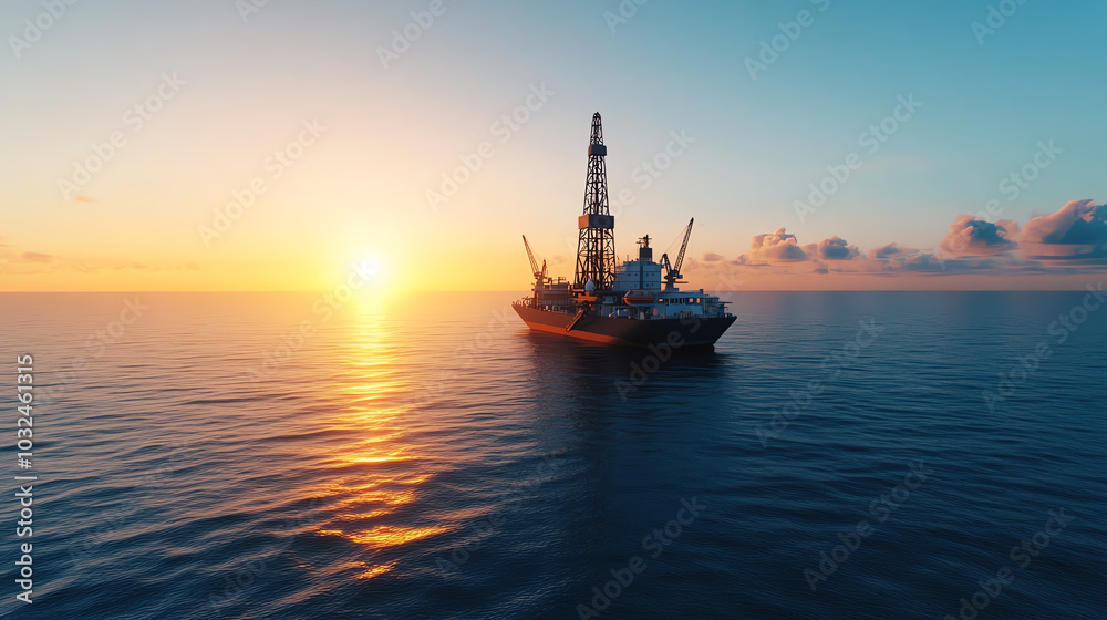 An offshore drilling rig stands majestically in the ocean at sunset, reflecting its towering presence against a vibrant sky.
