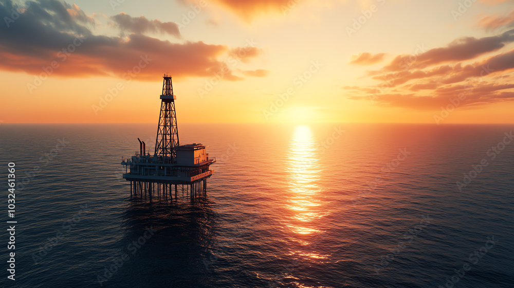 An offshore oil drilling rig stands majestically against the backdrop of a vibrant sunset, reflecting on the calm ocean waters, symbolizing energy production. An offshore oil drilling rig stands majestically against the backdrop of a vibrant sunset, reflecting on the calm ocean waters, symbolizing energy production.
