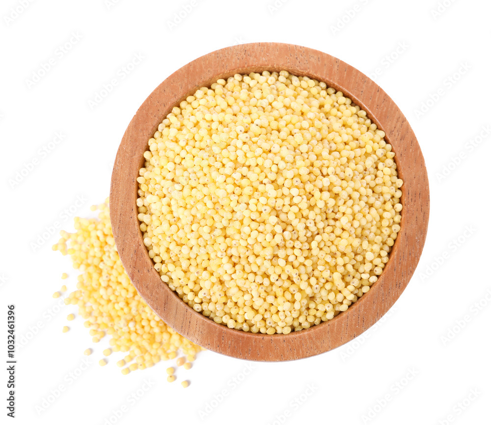 Millet groats in bowl isolated on white, top view Millet groats in bowl isolated on white, top view
