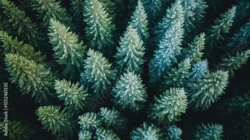 Aerial view of a dense coniferous forest canopy with varying shades of green, showcasing the texture and pattern of the treetops.