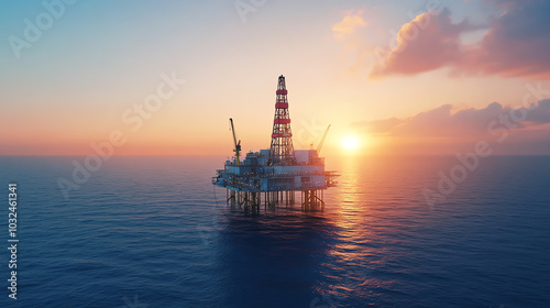 An offshore oil drilling rig stands boldly against a stunning sunset, surrounded by calm ocean waters, showcasing modern energy extraction.