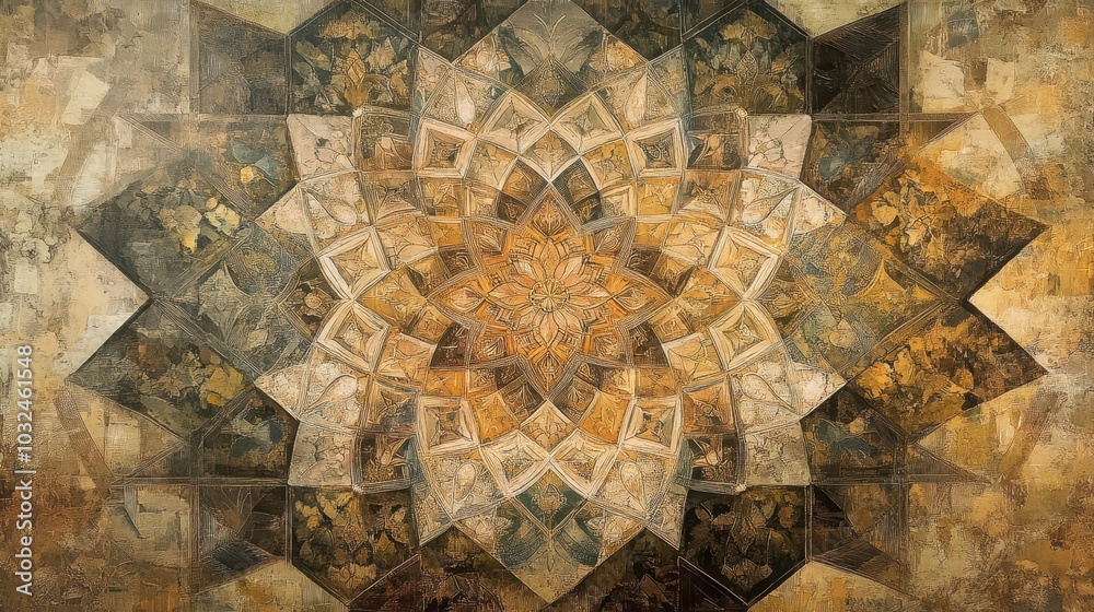 Obraz premium A mural with concentric hexagons and stars in earth tones and intricate lines