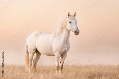 beautiful white horse at dawn in the morning