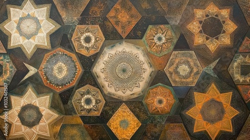 Concentric hexagons and stars in earth tones with detailed geometric patterns