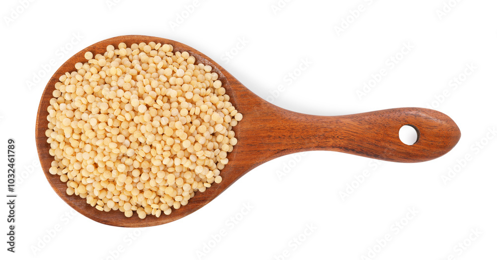 Raw couscous in wooden spoon isolated on white, top view
