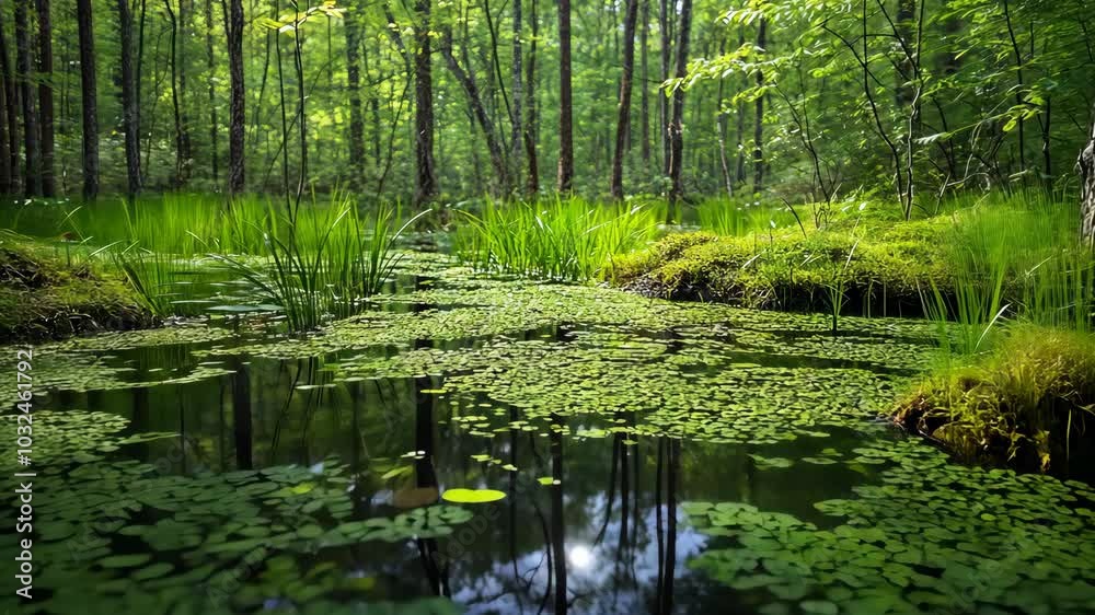 A small pond in the middle of a dense, green forest on a sunny day A small pond in the middle of a dense, green forest on a sunny day