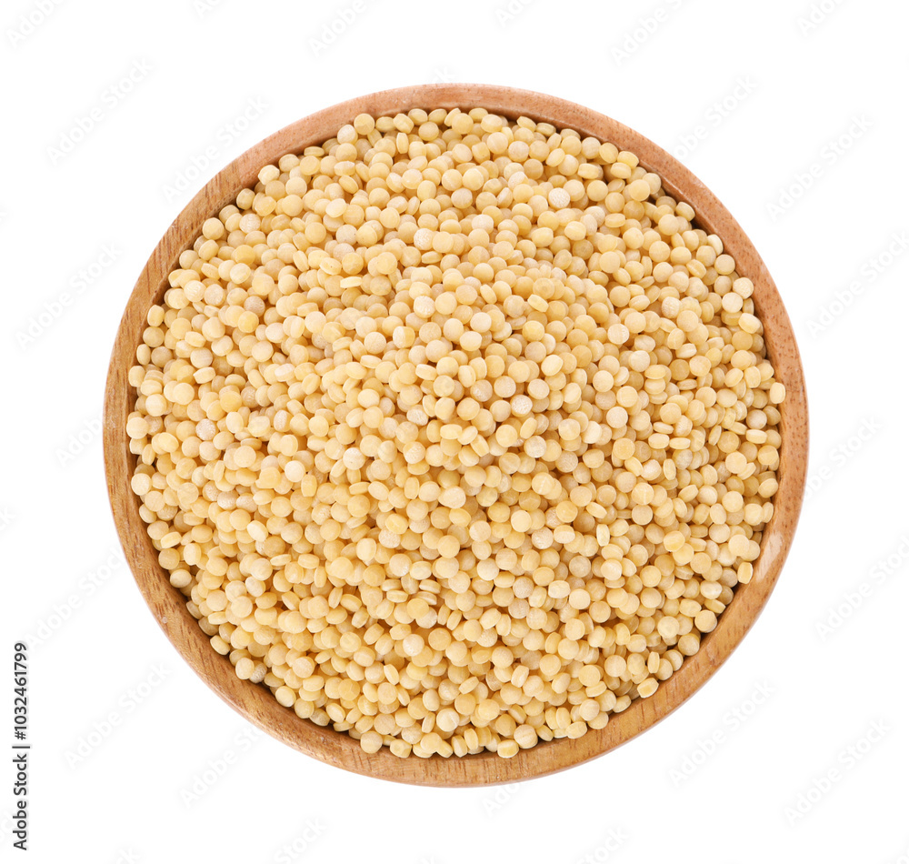 Raw couscous in wooden bowl isolated on white, top view Raw couscous in wooden bowl isolated on white, top view
