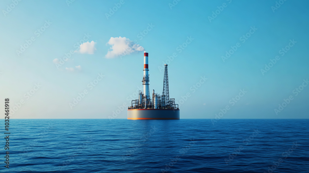 An offshore oil rig standing tall in the serene sea with blue skies reflecting on the calm waters, showcasing the intersection of nature and industry. An offshore oil rig standing tall in the serene sea with blue skies reflecting on the calm waters, showcasing the intersection of nature and industry.