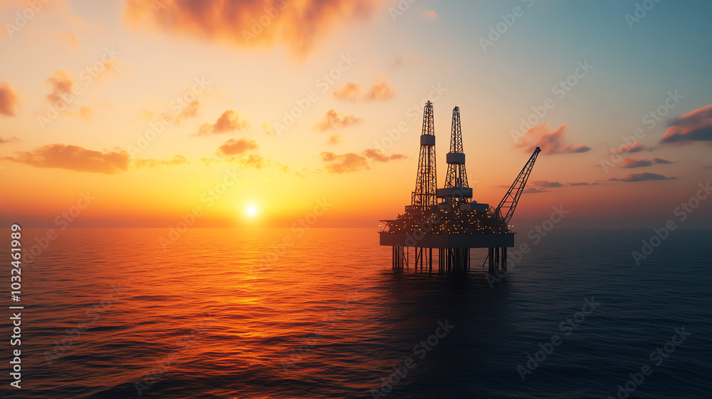 An offshore oil rig under a stunning sunset, showcasing the energy industry's impact on the environment and technology at sea. An offshore oil rig under a stunning sunset, showcasing the energy industry's impact on the environment and technology at sea.