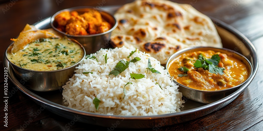 Authentic Indian thali with aromatic basmati rice, spicy curry, and naan bread served in traditional style on a wooden table. Authentic Indian thali with aromatic basmati rice, spicy curry, and naan bread served in traditional style on a wooden table.