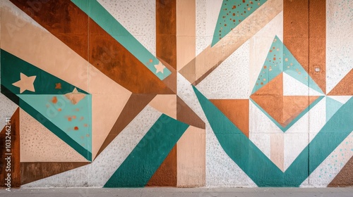 Geometric mural of copper teal and white stars and diamonds with fine linework