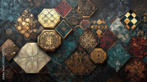 Detailed mural of interwoven geometric shapes in gold teal and burgundy tones