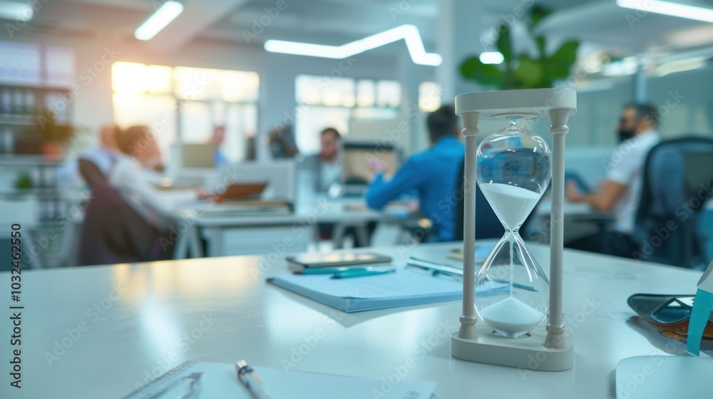A glass hourglass sits on a table in a busy office A glass hourglass sits on a table in a busy office