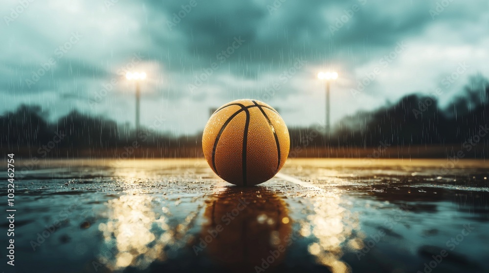 A solitary basketball resting on a rain-soaked court under dramatic stormy skies illuminated by distant floodlights capturing the essence of resilience in sports