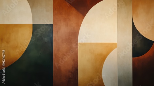 Bold mural of geometric shapes in earthy tones creating movement and rhythm