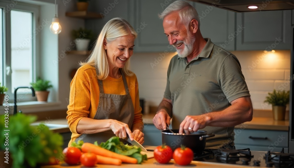 A senior couple enjoys cooking together in their warm kitchen, surrounded by fresh vegetables, creating a delightful culinary experience in the evening light A senior couple enjoys cooking together in their warm kitchen, surrounded by fresh vegetables, creating a delightful culinary experience in the evening light