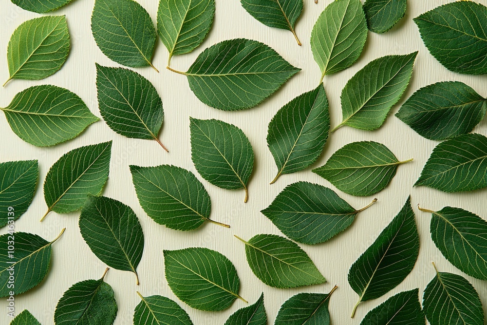 Green Leaves Arranged on a White Wooden Surface Green Leaves Arranged on a White Wooden Surface