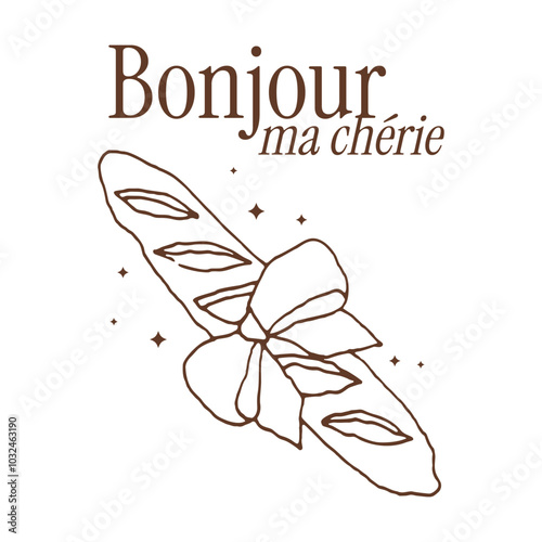 Parisian elegant doodle illustration with baguette. Hand-drawn line art graphic for t-shirt print, stationery, wall art. Dolce Vita aesthetic.	