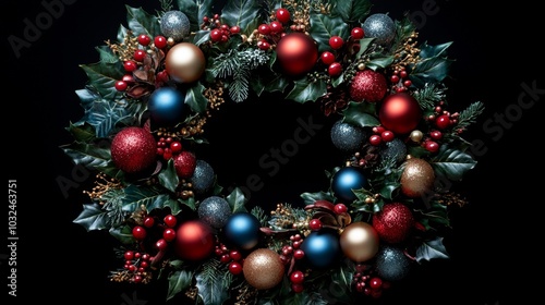 Festive Christmas wreath with pinecones, ornaments, and berries 