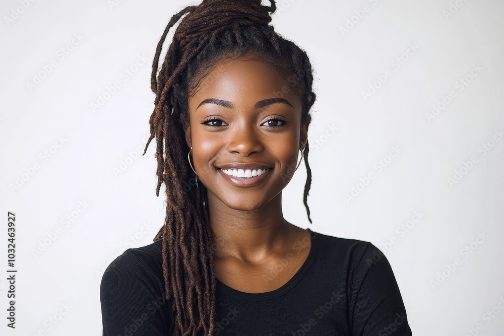 Smiling black woman with dreadlocks isolated against a transparent background, Generative AI Smiling black woman with dreadlocks isolated against a transparent background, Generative AI