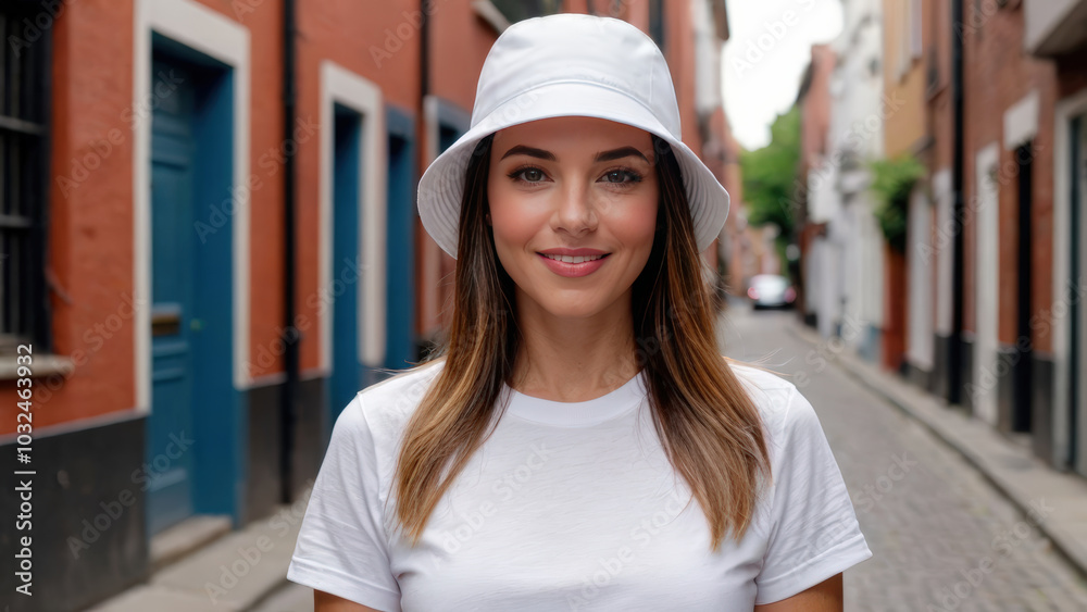 Woman wearing white t-shirt and white bucket hat standing in a city alley Woman wearing white t-shirt and white bucket hat standing in a city alley
