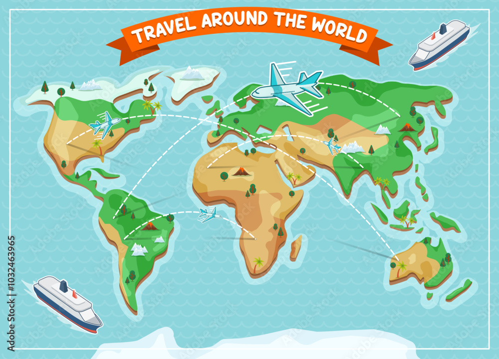 Fototapeta A detailed vector illustration of a world map featuring vibrant colors, clear country borders, and travel icons, perfect for trip planning or educational purposes.