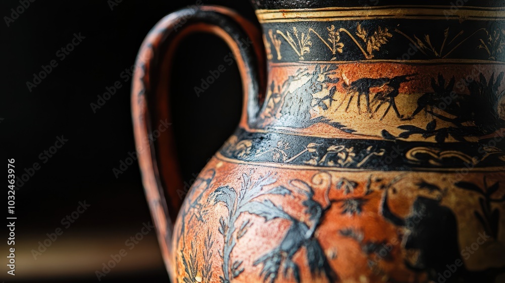Roman pitcher with wide spout and red-black hunting scenes glossy terracotta bright lighting Roman pitcher with wide spout and red-black hunting scenes glossy terracotta bright lighting