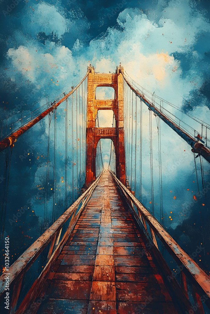 Obraz premium A stunning view of a long bridge stretching into a vibrant, cloud-filled sky, showcasing structural beauty and atmospheric depth.