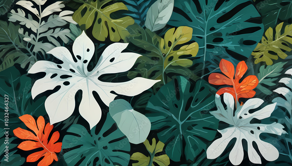 Collection of white tropical leaves,foliage plant with color space background Collection of white tropical leaves,foliage plant with color space background