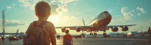 Boy that is looking at a plane, travel