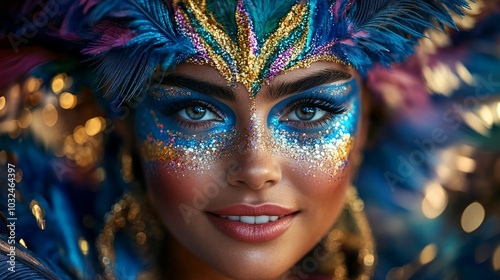 A woman with blue eyes and a feather headdress, smiling at the camera.