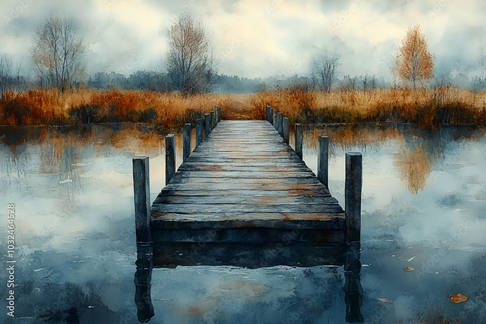 Obraz premium A serene wooden dock extends into calm waters, surrounded by misty landscapes and autumnal foliage, evoking a tranquil, dreamy atmosphere.
