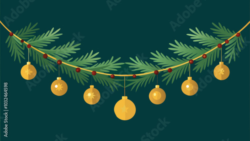 Cheerful Christmas garland with golden ornaments and pine branches on a dark background, all colors changable