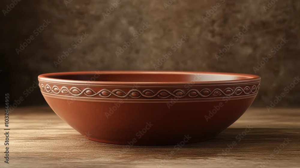 Roman ceramic bowl with wide shallow shape rim decorated with vines and flowers glossy surface under soft lighting Roman ceramic bowl with wide shallow shape rim decorated with vines and flowers glossy surface under soft lighting