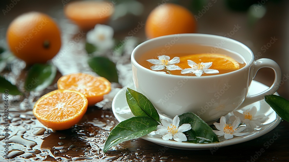 A cup of tea with orange slices and white flowers on a wooden table. A cup of tea with orange slices and white flowers on a wooden table.