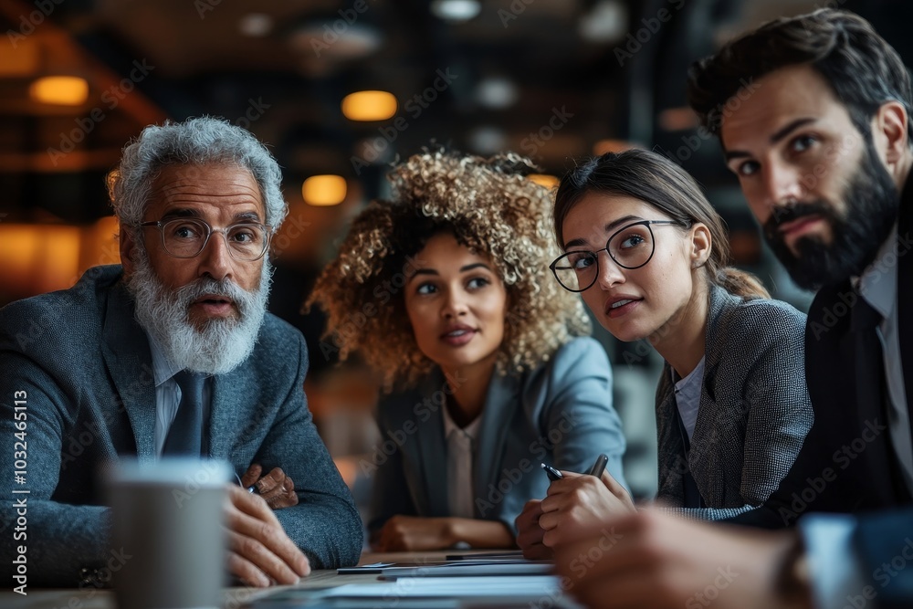 Fototapeta premium Business partners using touchscreen computer for project discuss, Generative AI