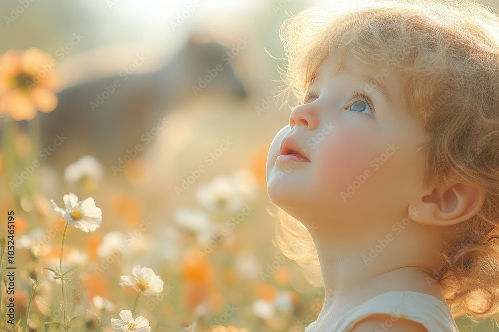 A child discovering something new in nature, eyes wide with wonder, with blurred flowers and animals in the background, symbolizing a pure moment of epiphany A child discovering something new in nature, eyes wide with wonder, with blurred flowers and animals in the background, symbolizing a pure moment of epiphany