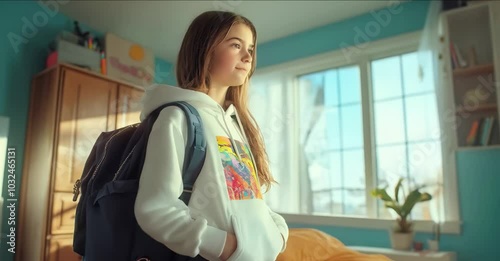 Rear view of a teenage girl removing her backpack in her bedroom
